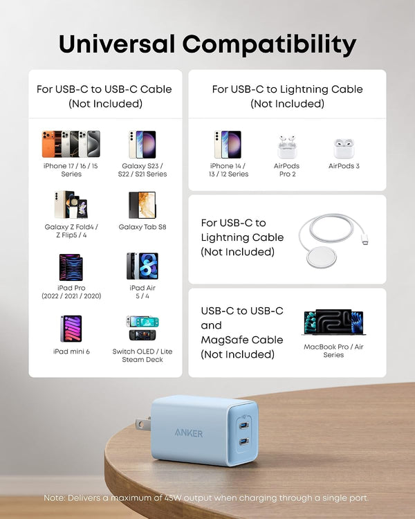 Anker Nano 47W Fast Charger USB C, 2-Port Compact Foldable USB C GaN Charger for iPhone 17/16, Galaxy, Pixel, Compatible with MagSafe (Blue)