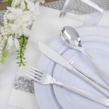 WELLIFE 700 Pieces Silver Plastic Dinnerware Set for 100 Guests - Includes Plates, Cups, Napkins, and Disposable Cutlery - Elegant White & Silver Design, Perfect for Parties and Events