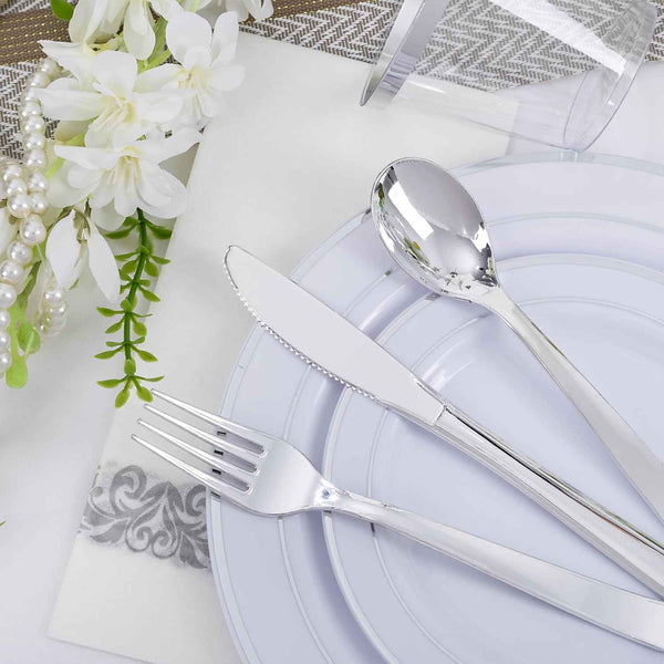 WELLIFE 700 Pieces Silver Plastic Dinnerware Set for 100 Guests - Includes Plates, Cups, Napkins, and Disposable Cutlery - Elegant White & Silver Design, Perfect for Parties and Events