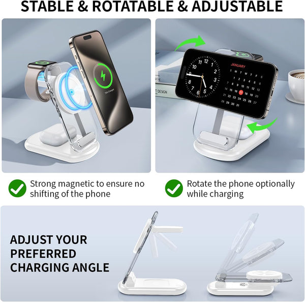 2025 MagSafe 3-in-1 charging station with night light for iPhone, Apple Watch, AirPods travel and bedside use