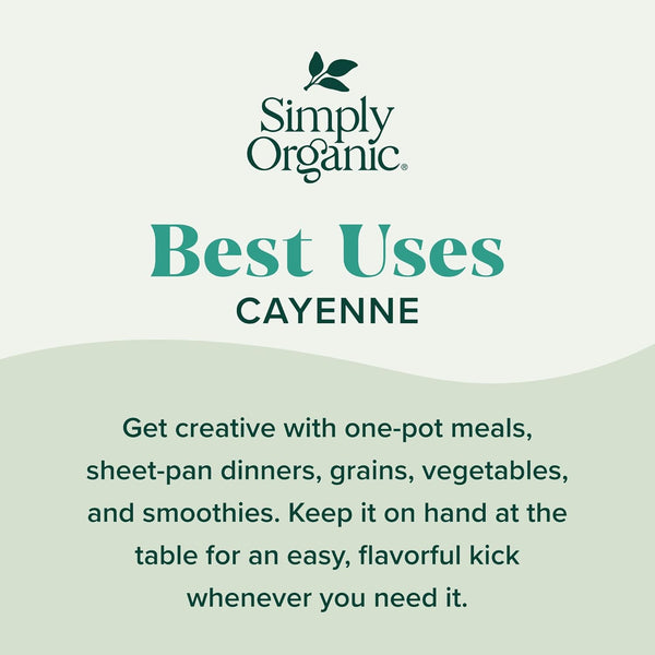 Simply Organic Cayenne Pepper, 2.50 Ounce, Pure, Organic, No GMOs, Kosher, Versatile Spice for Chili and Curries
