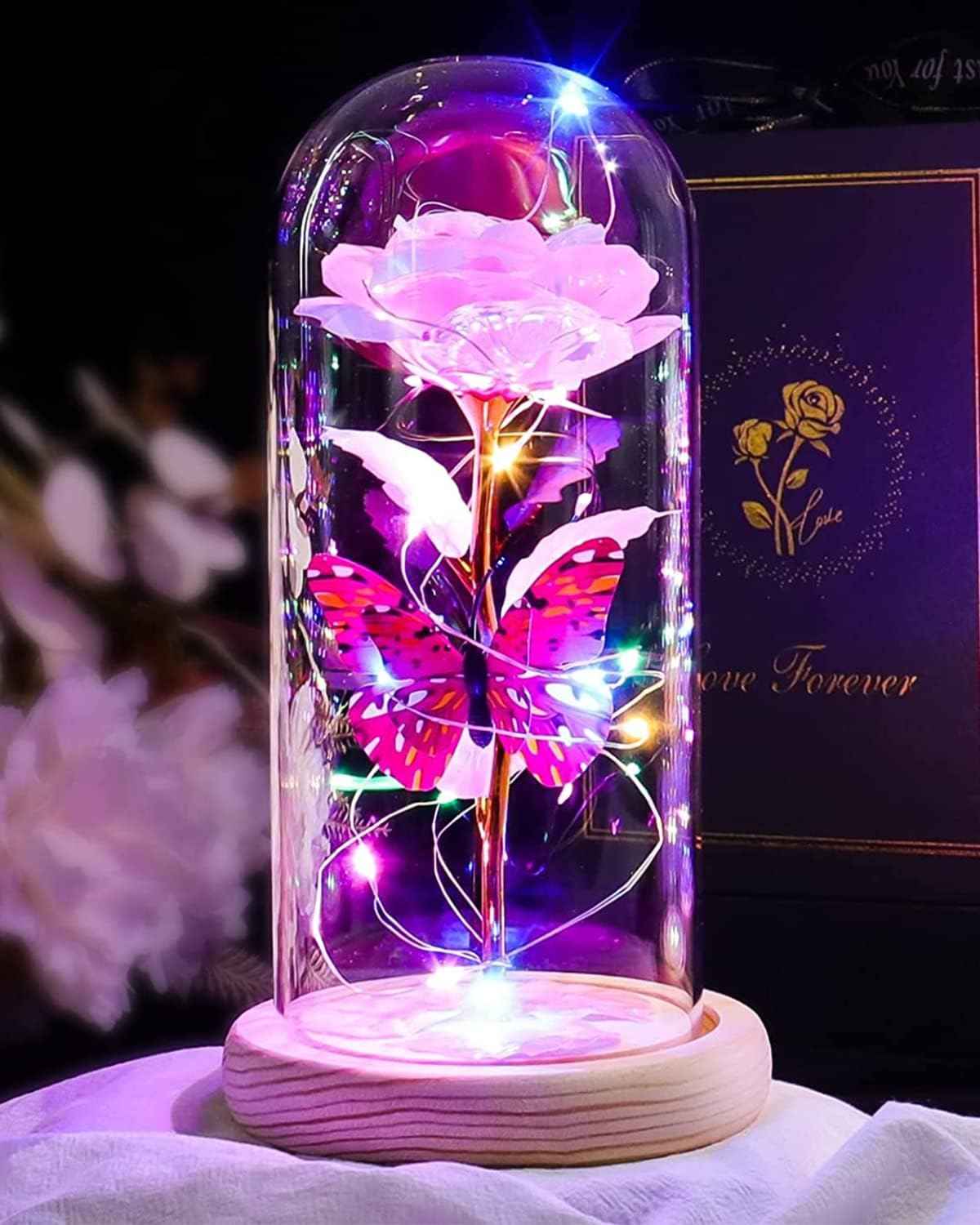 Beferr Gifts for Women Mom Birthday Gifts, Galaxy Glass Rose Forever Preserved Flowers for Delivery Prime Light Up Rose in Glass Dome Valentines Rose Gifts for Her Wife Daughter Girlfriend
