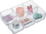 6-piece clear plastic drawer organizer set for makeup vanity and office desk