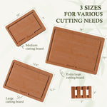 Bamboo cutting board set for kitchen, 3 piece extra thick with juice groove