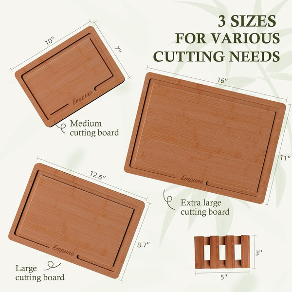 Bamboo cutting board set for kitchen, 3 piece extra thick with juice groove