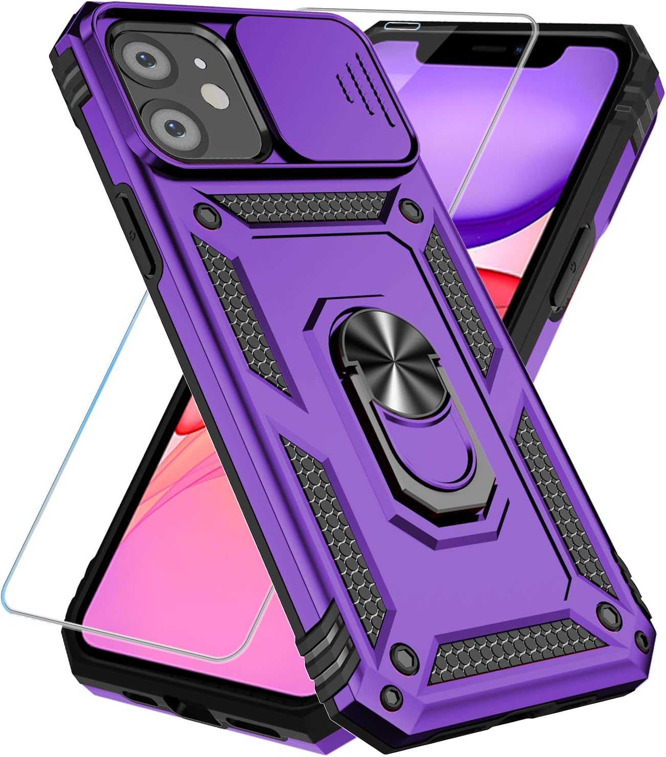 SunStory Phone Case for iPhone 16 6.1" with HD Screen Protector | Slide Camera Cover | Rotated Ring Kickstand | Military-Grade Protection | Red