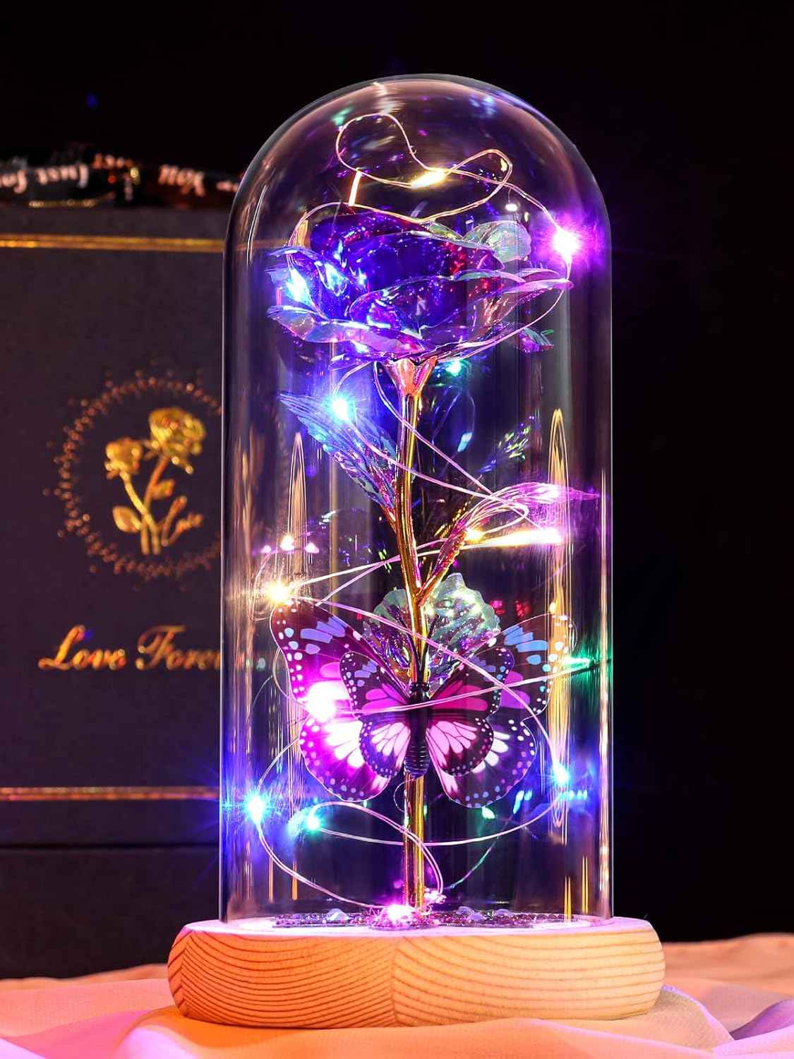 Beferr Gifts for Women Mom Birthday Gifts, Galaxy Glass Rose Forever Preserved Flowers for Delivery Prime Light Up Rose in Glass Dome Valentines Rose Gifts for Her Wife Daughter Girlfriend