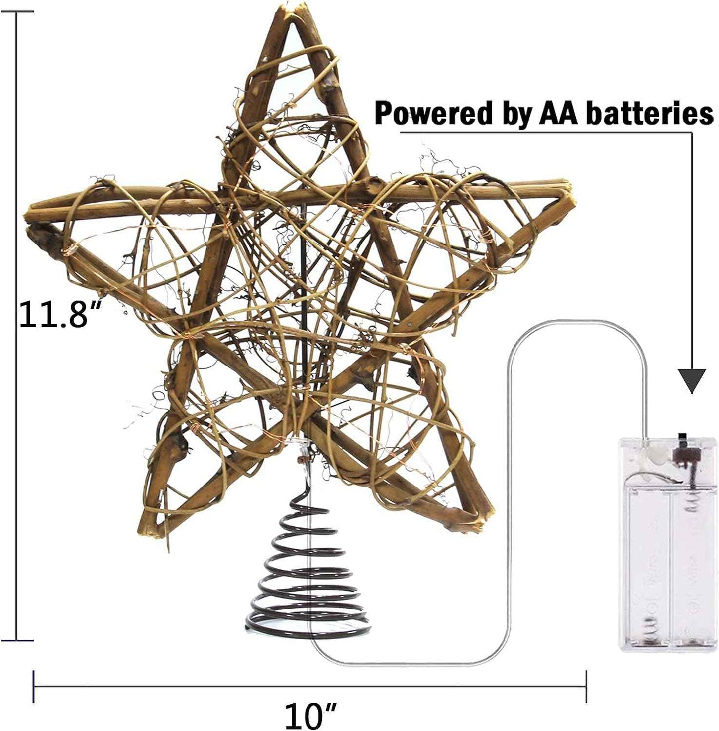 Christmas Tree Topper Farmhouse Christmas Decor Christmas Tree Decorations Rattan Natural Christmas Tree Star with 10 Warm LED Lights for Rustic Christmas Ornaments Holiday Seasonal Decoration 10 Inch