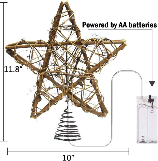 Christmas Tree Topper Farmhouse Christmas Decor Christmas Tree Decorations Rattan Natural Christmas Tree Star with 10 Warm LED Lights for Rustic Christmas Ornaments Holiday Seasonal Decoration 10 Inch