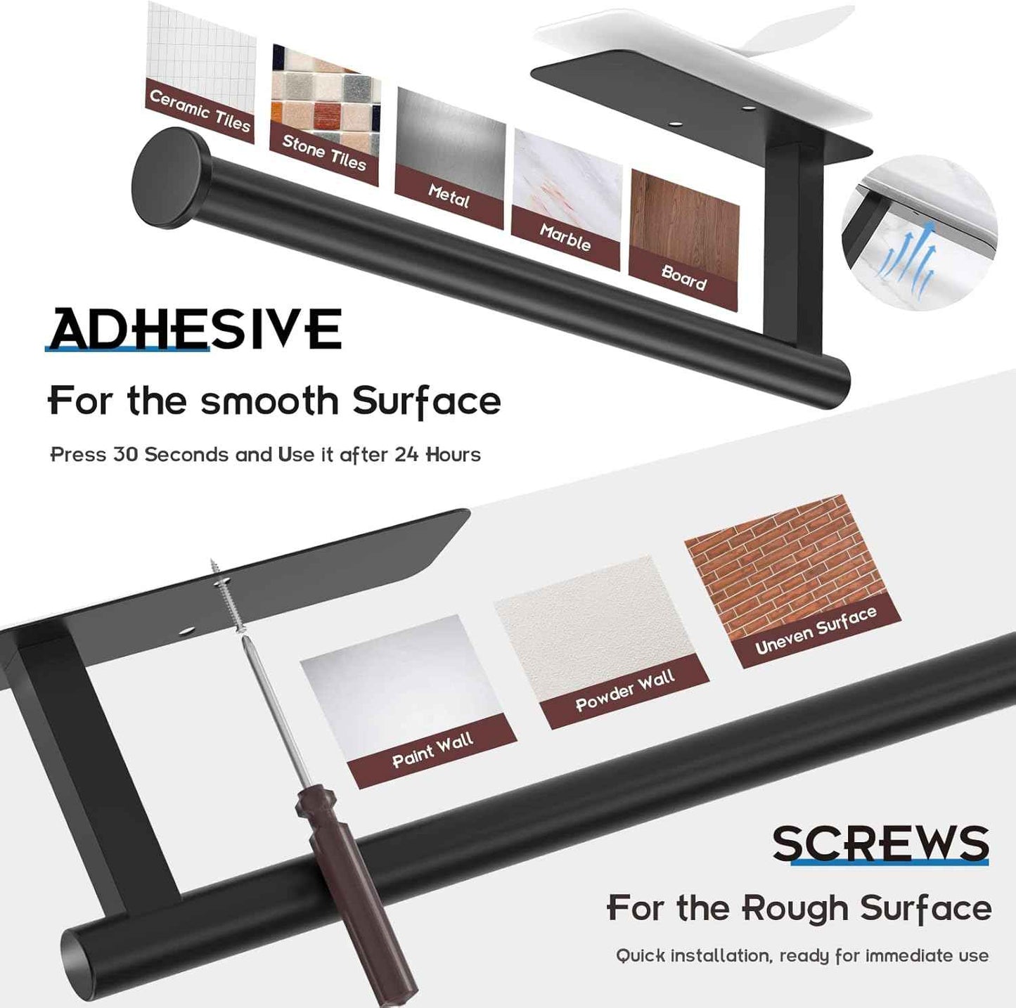 ASTOFLI Paper Towel Holder Under Cabinet No Drilling, Self Adhesive Paper Towel Holder Wall Mount for Kitchen Rack, Under Counter Napin Holder No Drill, RV, 304 Stainless Steel 12 Inch Matte Black