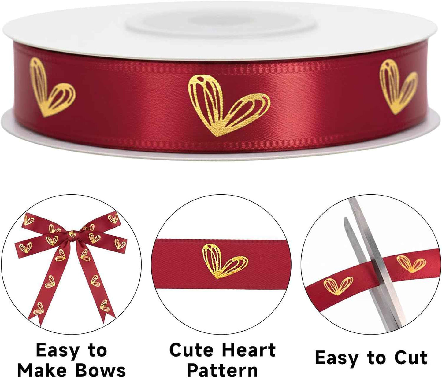 KINGLAKE Valentine's Day Ribbon Red - 1/2'' x 20 Yds Red Heart Satin Ribbon for Gift Wrapping Valentine Ribbons with Gold Heart for Crafts Flower Bouquet Party Home Decorations
