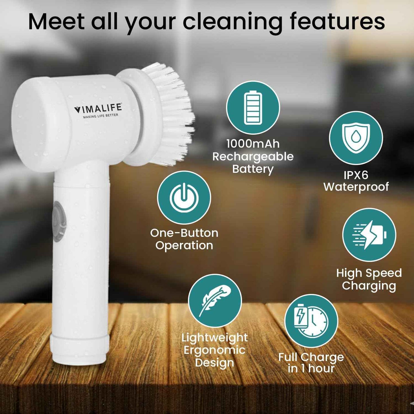 VIMALIFE Electric Spin Scrubber, Cordless Bathroom Cleaning Brush IPX6 Waterproof with 5 Replaceable Heads, Power Scrubber for Bathtub, Tiles, Car Wash, Kitchen & Multi-Surface Home Cleaning