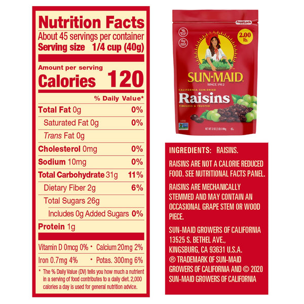 Sun-Maid California Sun-Dried Raisins - 2 Pack, 32 oz Resealable Bag - Healthy Dried Fruit Snack