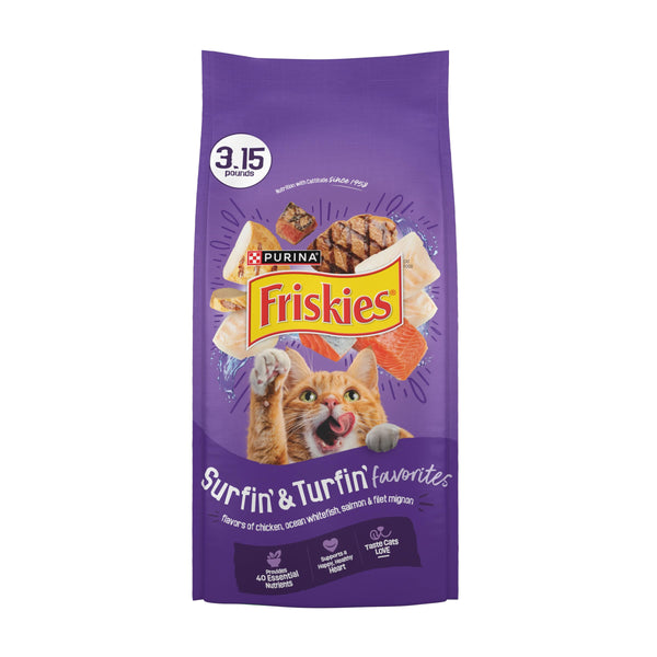 purina friskies cat food surfin and turfin favorites flavors chicken whitefish salmon filet mignon 3.15 lb bags pack of 4