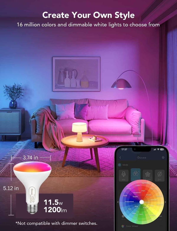 Govee Smart Light Bulbs, 2-pack 1200 Lumen Dimmable RGBWW BR30 Flood Light Bulbs with Alexa and Google Assistant Support
