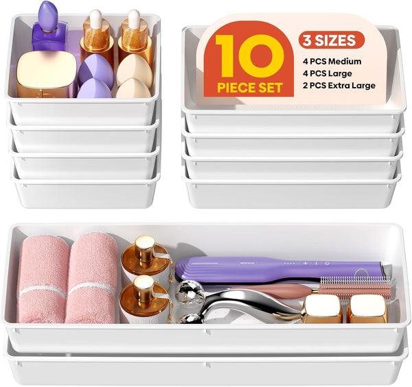 10 Pack Large Size Plastic Drawer Organizers Set for Desk and Vanity