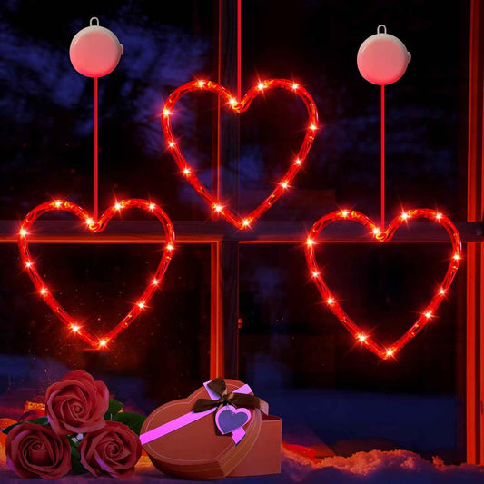 3 Pack Valentines Day Window Lights Decorations with Timer, Battery Powered Hanging Red Lighted Heart Shaped Silhouette Sucker LED Lamp for Fireplace Indoor Home Decor