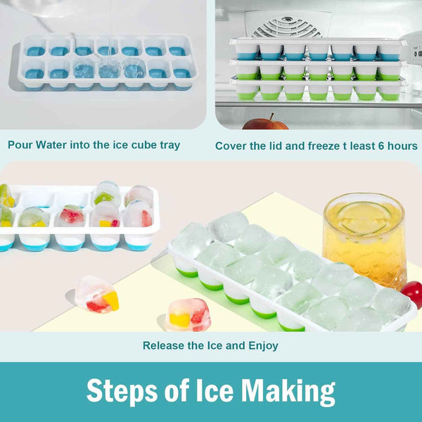 Ice Cube Trays for Freezer - 3 Pack 42 Cubes, Easy to Release Silicone Ice Trays with Spill-Resistant Lids, Reusable