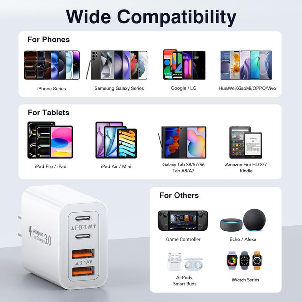 40W USB C Charger Cube, 2-Pack Fast Charging Block, 4-Port Power Adapter