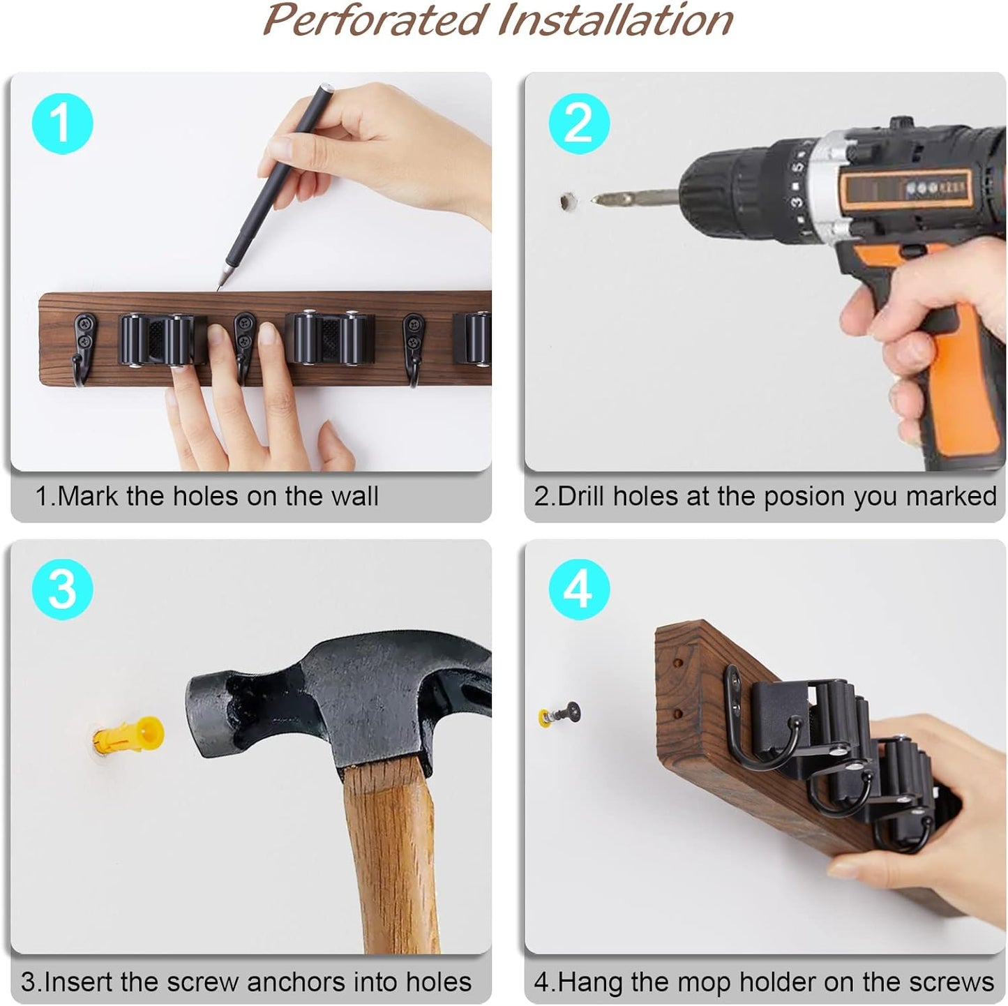 Mop and Broom Holder Wall Mount - Rustic Wood Broom Mop Hanger - Wall Mounted Garden Tool Rack Organizer for Closet Garage Laundry Room Kitchen Decor With 4 Slots & 4 Hooks - Rayz Mart