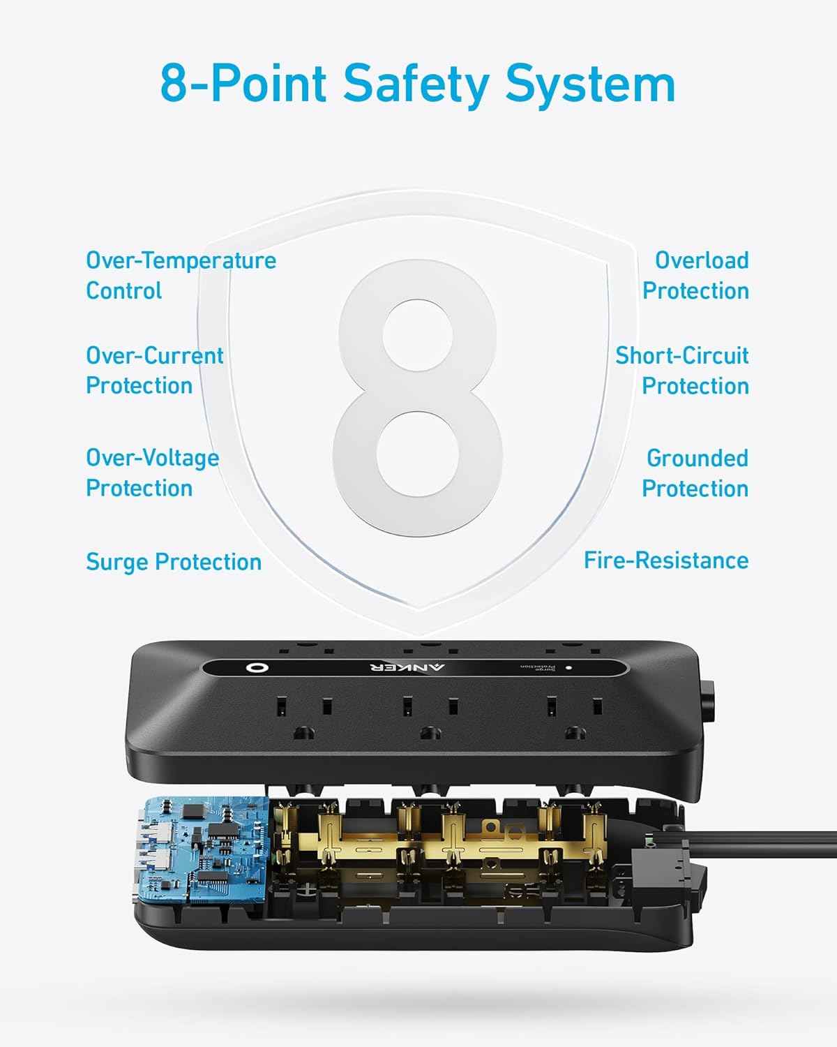 Anker 300J Flat Plug 10-in-1 Ultra Thin Power Strip with 6 AC, 2 USB-A & 2 USB-C Ports, Extension Cord, Desk Charging Station for Home, Office, College, Dorm, 5 Feet, Black
