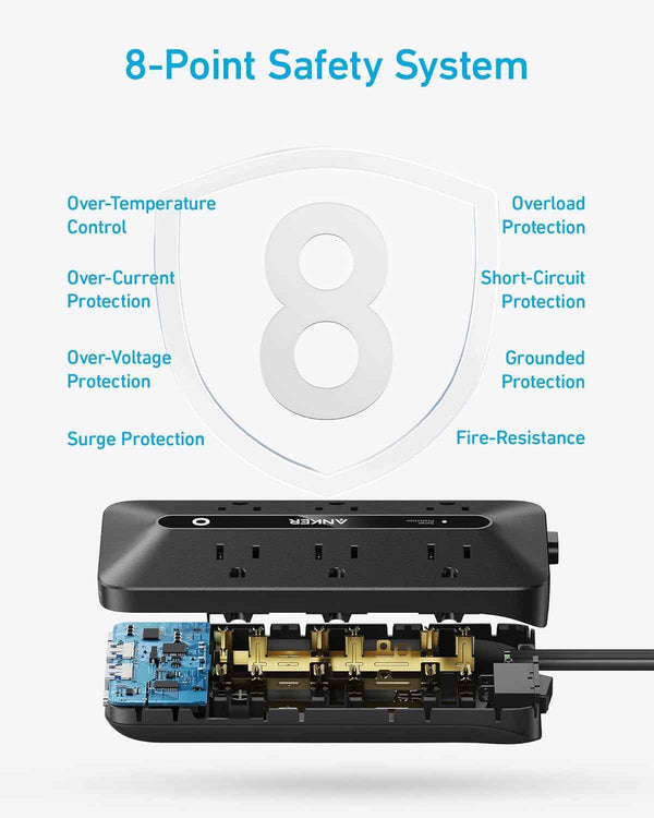 Anker 300J Flat Plug 10-in-1 Ultra Thin Power Strip with 6 AC, 2 USB-A & 2 USB-C Ports, Extension Cord, Desk Charging Station for Home, Office, College, Dorm, 5 Feet, Black