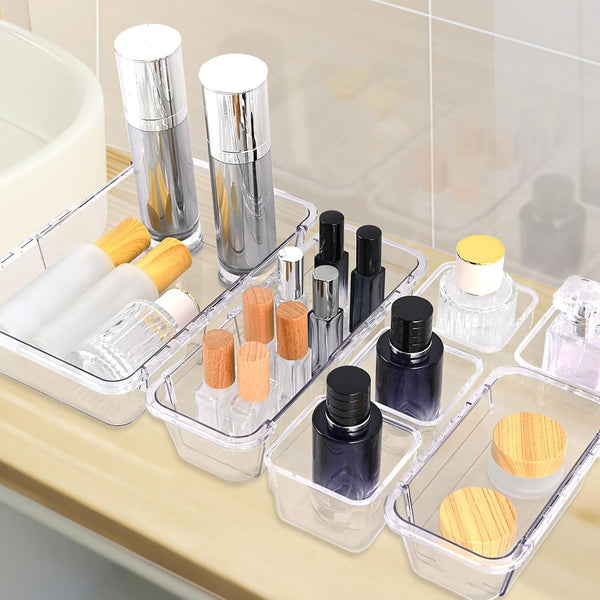 14-piece clear drawer organizer set for versatile storage