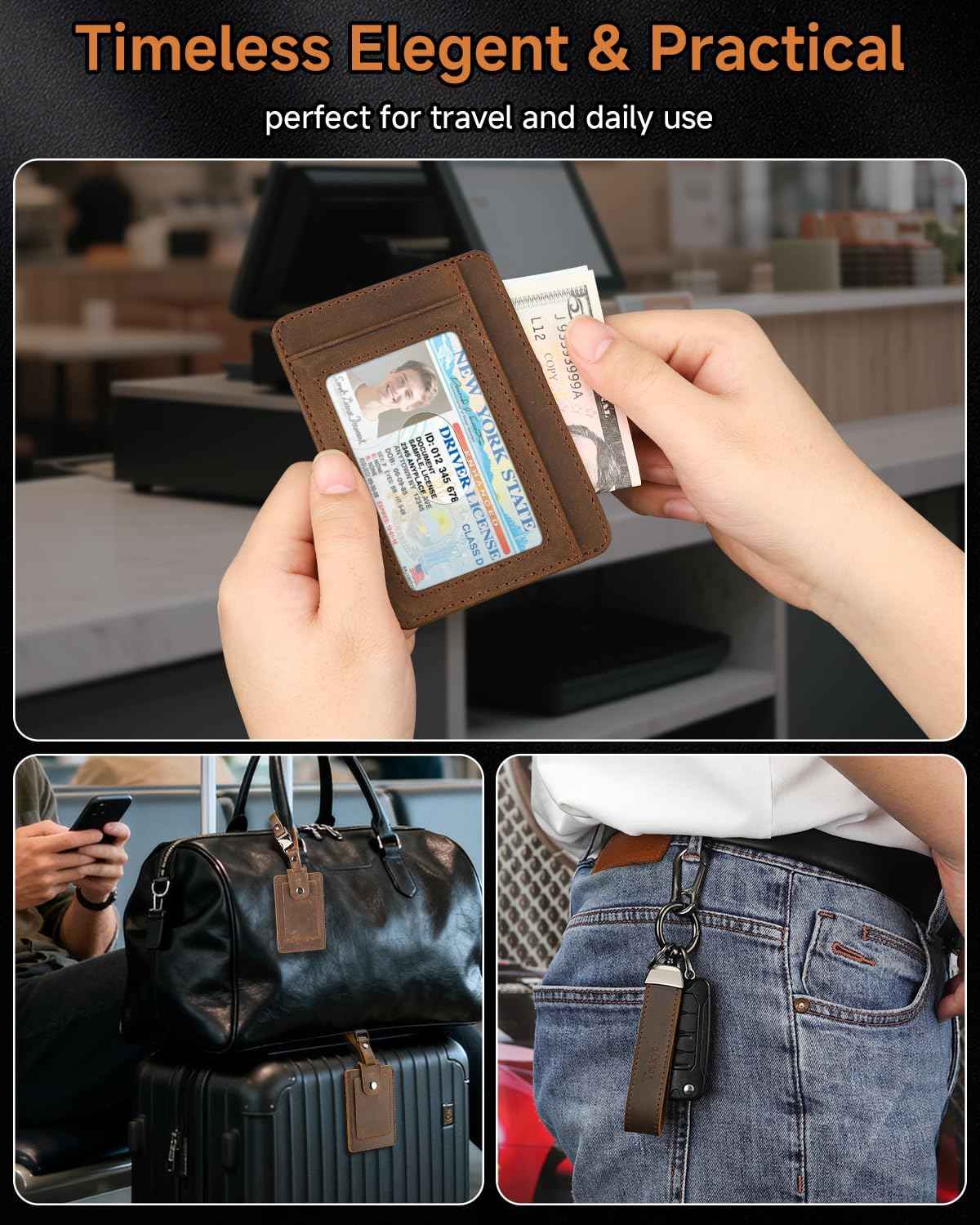 Teskyer RFID Slim Card Holder Wallet for Men, Genuine Leather Gift Set with Luxury Gift Packing - Includes Luggage Tag and Car Keychain - Gift for Dad, Valentine's Day, Birthday & Christmas (Coffee)