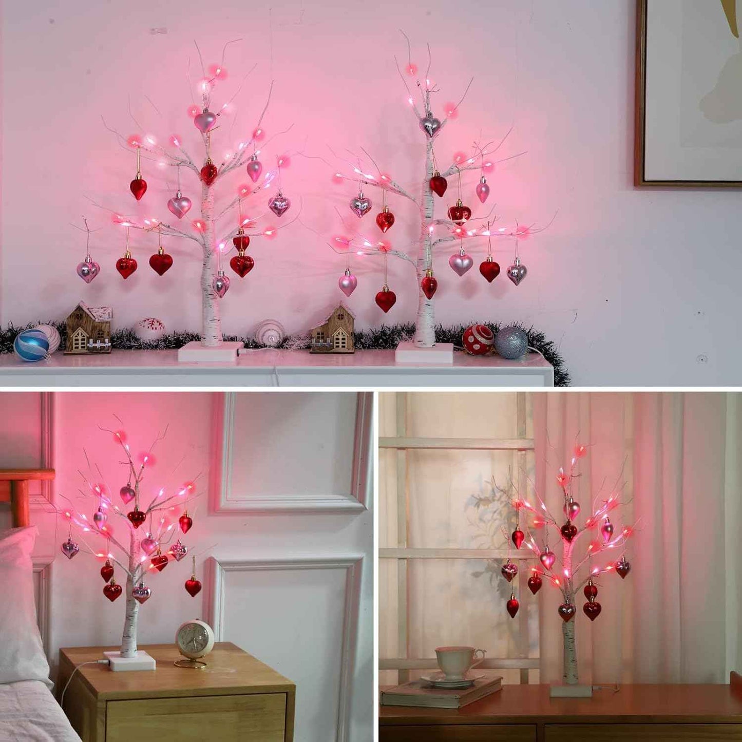 2Pack Valentines Day Decor Lighted Birch Tree with Heart-Shaped Ornaments,USB&Battery Operated Light Up Artificial Tree for Home Indoor Party Valentines Day Decorations (Red + Pink)