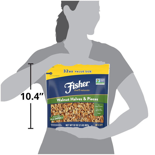 Fisher Chef's Naturals 2 lb unsalted walnuts for baking, cooking, and healthy snacks, resealable bag, vegan protein, keto snack, chopped nuts