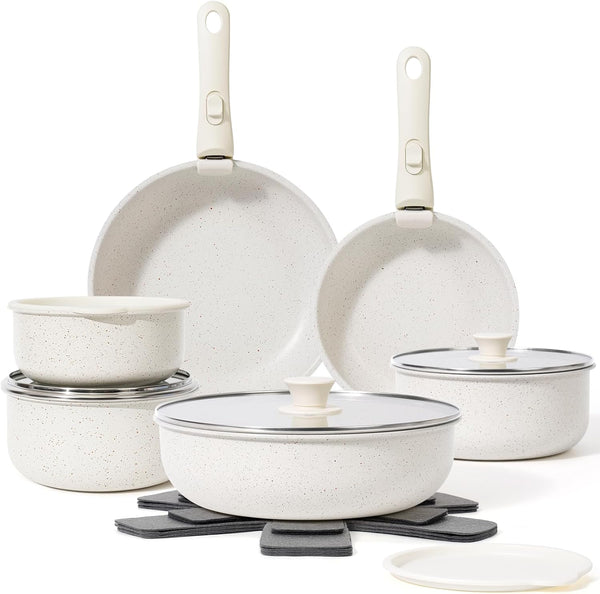 15-Piece Non-Stick Cookware Set with Detachable Handles and Oven Safety