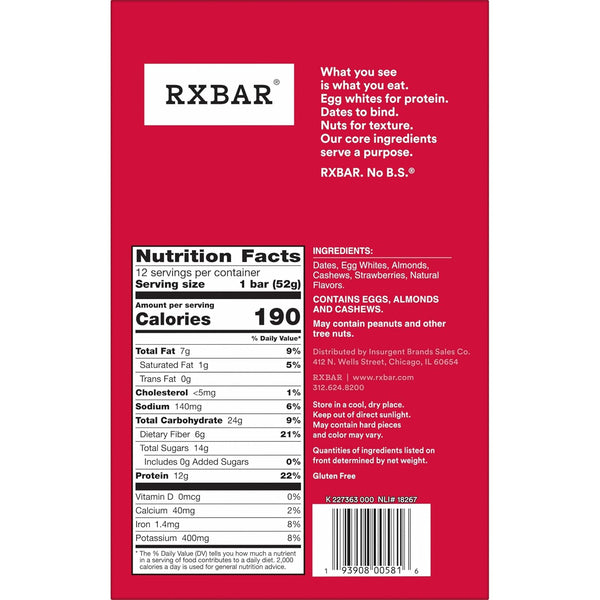 RXBAR Protein Bars, 12g Protein, Gluten Free Snacks, Strawberry, 12 Count Box