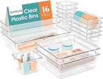 16-Piece Drawer Organizer Set - Clear Storage Bins for Makeup, Jewelry, Utensils and Gadgets