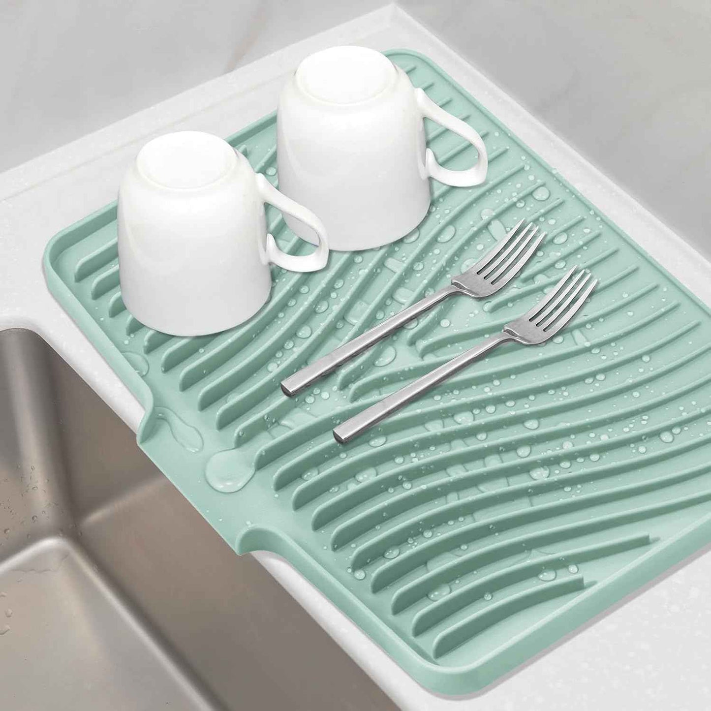 Silicone Dish Drying Mat for Kitchen Counter, Dish Drying Pad, Non-Slip Drain Pad with Built-in Drain, Heat Resistant Stone Drying Mat(15.8" x 13", Grey)