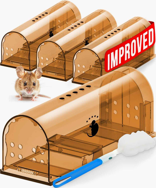 Motel Mouse Humane Mouse Traps No Kill Live Catch and Release 4 Pack - Reusable, Easy to Use & Clean, No Touch Release, Sensitive Includes Cleaning Brush, Instruction Manual & Video - Mousetrap Indoor
