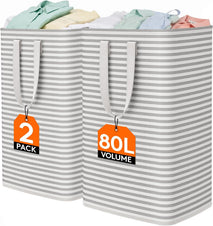 Lifewit 2 Pack Laundry Basket 80L Each, Collapsible Clothes Hamper with Reinforced Handles, Freestanding Waterproof Design for Bedroom and Laundry Room, Grey 160L Total