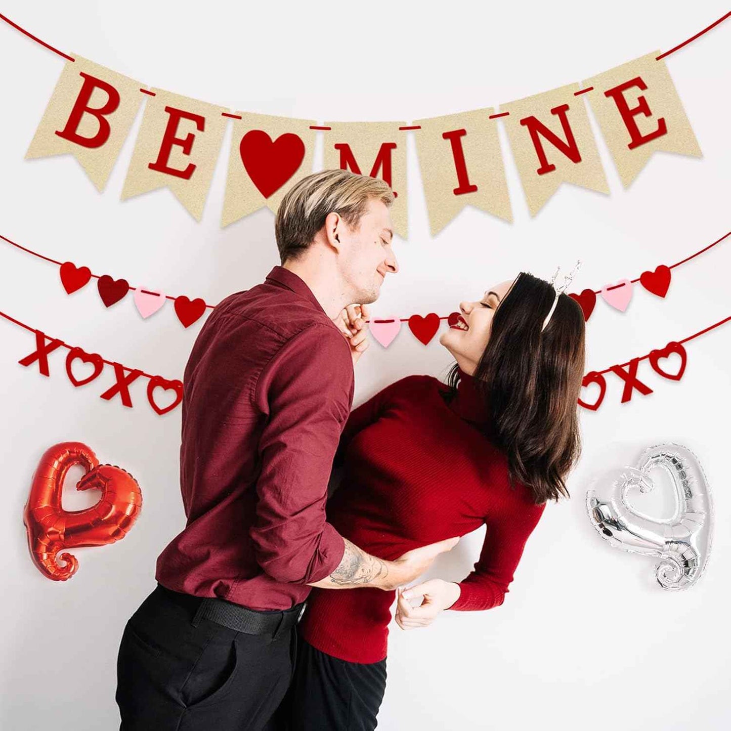 4Pcs Valentines Day Decorations Valentines Day Decor No DIY Required Handmade BE Mine Love Heart XO Garlands Banner for Home Wedding Party Anniversary