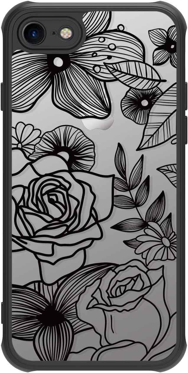 Girly Flower Case Compatible with iPhone 17 Pro Max, Cute Rose Aesthetic Black Line Art Floral Pattern Print, Anti Fingerprint PC Heavy Duty Protection Cases Cover for Girls Women