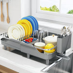 Expandable stainless steel dish rack for kitchen counter with adjustable water spout