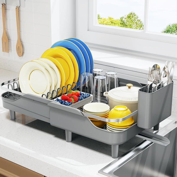 Expandable stainless steel dish rack for kitchen counter with adjustable water spout