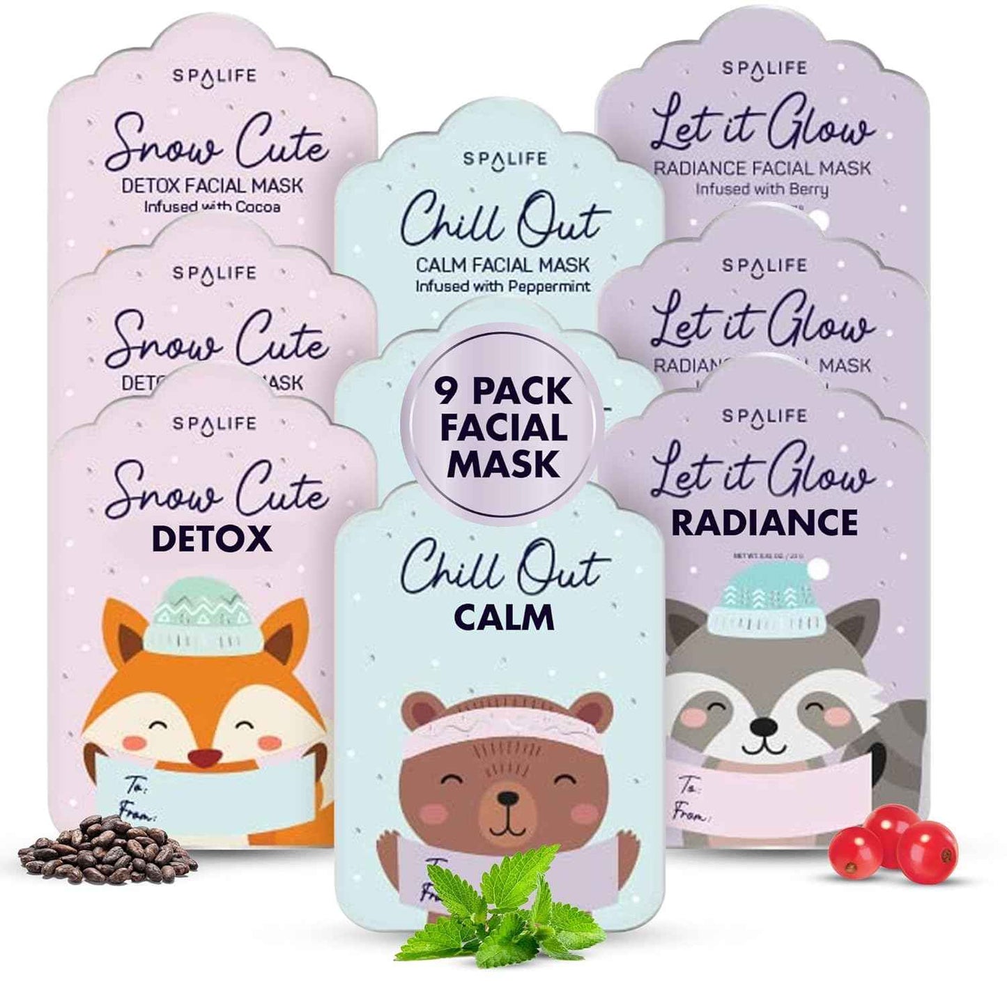 SpaLife Beauty Holiday Treats Christmas Face Mask Bundle | Korean Facial Mask | Hydrating, Soothing and Moisturizing Sheet Mask Set | Stocking Stuffers for Women | Bulk Christmas Gifts | 12 Pack