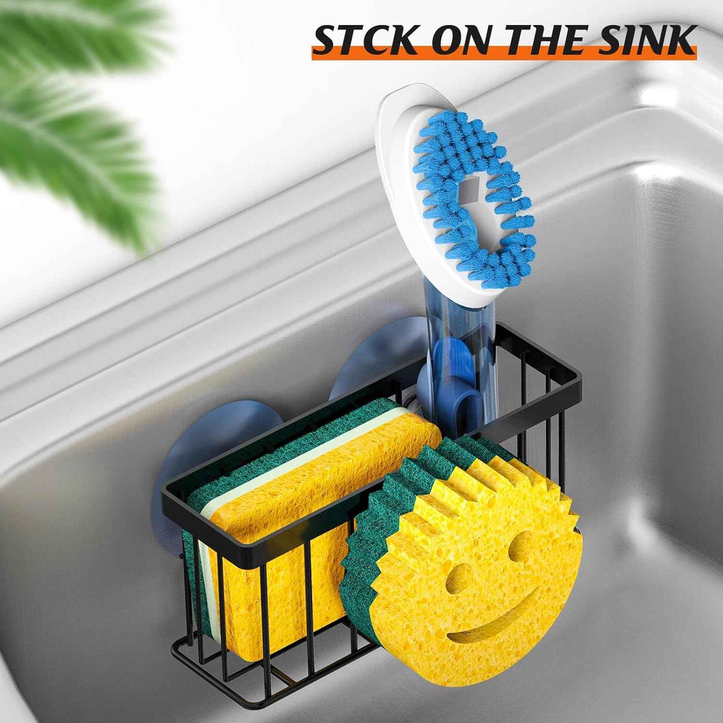 Sponge Holder Smiley Face,Sink Caddy,Sink Organizer with 2 Suction Cups/1 Adhesive Strips,Designed for Sponge,Soap,Dish Brush,Scrubber - Black