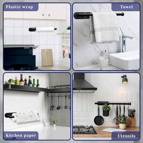 Stainless Steel black paper towel holder under cabinet or self adhesive wall mount for kitchen, bathroom, and pantry