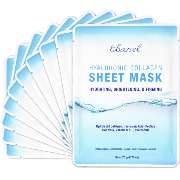 Ebanel 10 pack collagen face mask with hyaluronic acid, vitamin c, and aloe for skin firming and anti aging