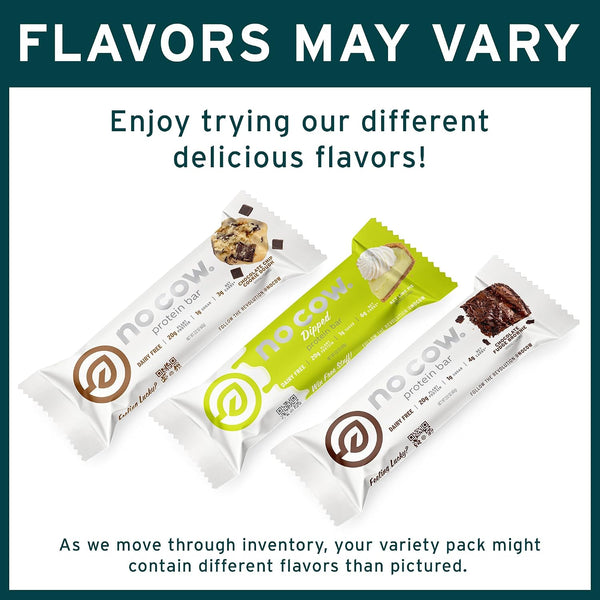 No Cow Vegan Protein Bar Sampler Pack, 20g Plant Based Protein, Gluten Free, Dairy Free