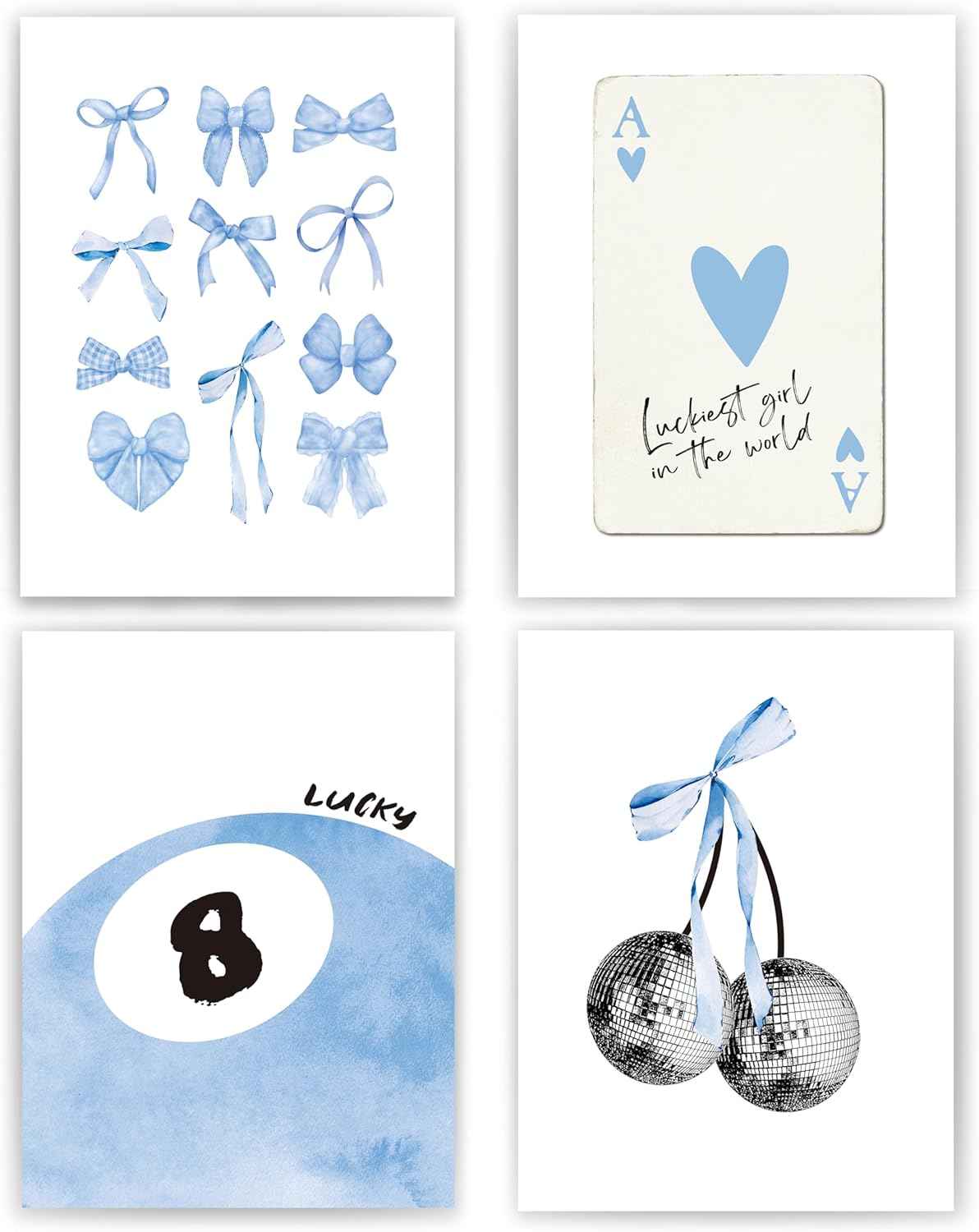 okaxscm Sage Green Coquette Trendy Preppy Wall Art Prints Set of 4, Coquette Preppy Room Decor Aesthetic, Green Bow Disco 8 Ball Cherry Wall Decor Posters for Girls Bedroom Dorm, 8x10 Unframed