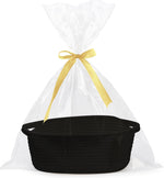 White small woven burr basket with gift bags and ribbons, 12" x 8" x 5", durable storage for gifts, baby toys, and living room essentials