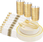 WELLIFE 700 Pieces Silver Plastic Dinnerware Set for 100 Guests - Includes Plates, Cups, Napkins, and Disposable Cutlery - Elegant White & Silver Design, Perfect for Parties and Events
