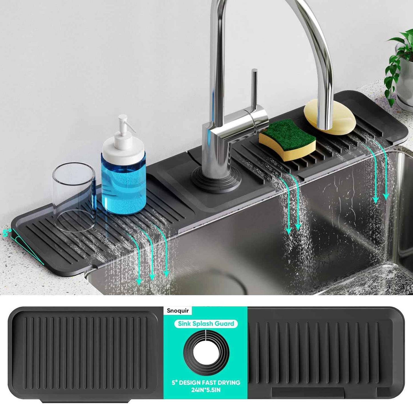 24 Inch Longer Faucet Mat for Kitchen Sink, 5° Slope Fast Self-draining, Kitchen Sink Splash Guard Silicone Sink Faucet Mat Splash Guard Kitchen Sink Area Tidy Splash Faucet Guard Draining Mat