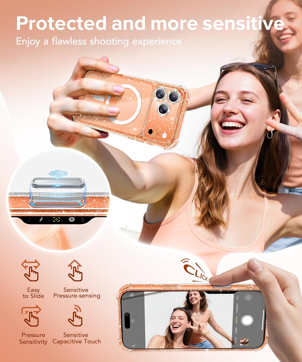 BERFY for iPhone 17 Pro Case for Women, Compatible with MagSafe, Clear Glitter Shockproof Protective Case, Anti-Yellowing, with Screen Protector & 3 Diamond Camera Lens Covers 6.3", Sparkle Clear - Rayz Mart